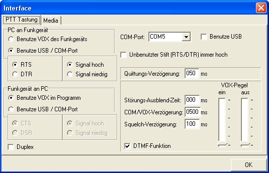 Interface - Einstellung der Funkgerteeigenschaften und DTMF