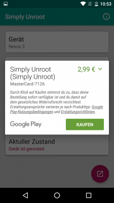 Erst bezahlen, dann unrooten. Die neue App funktioniert ber In-App-Payment.