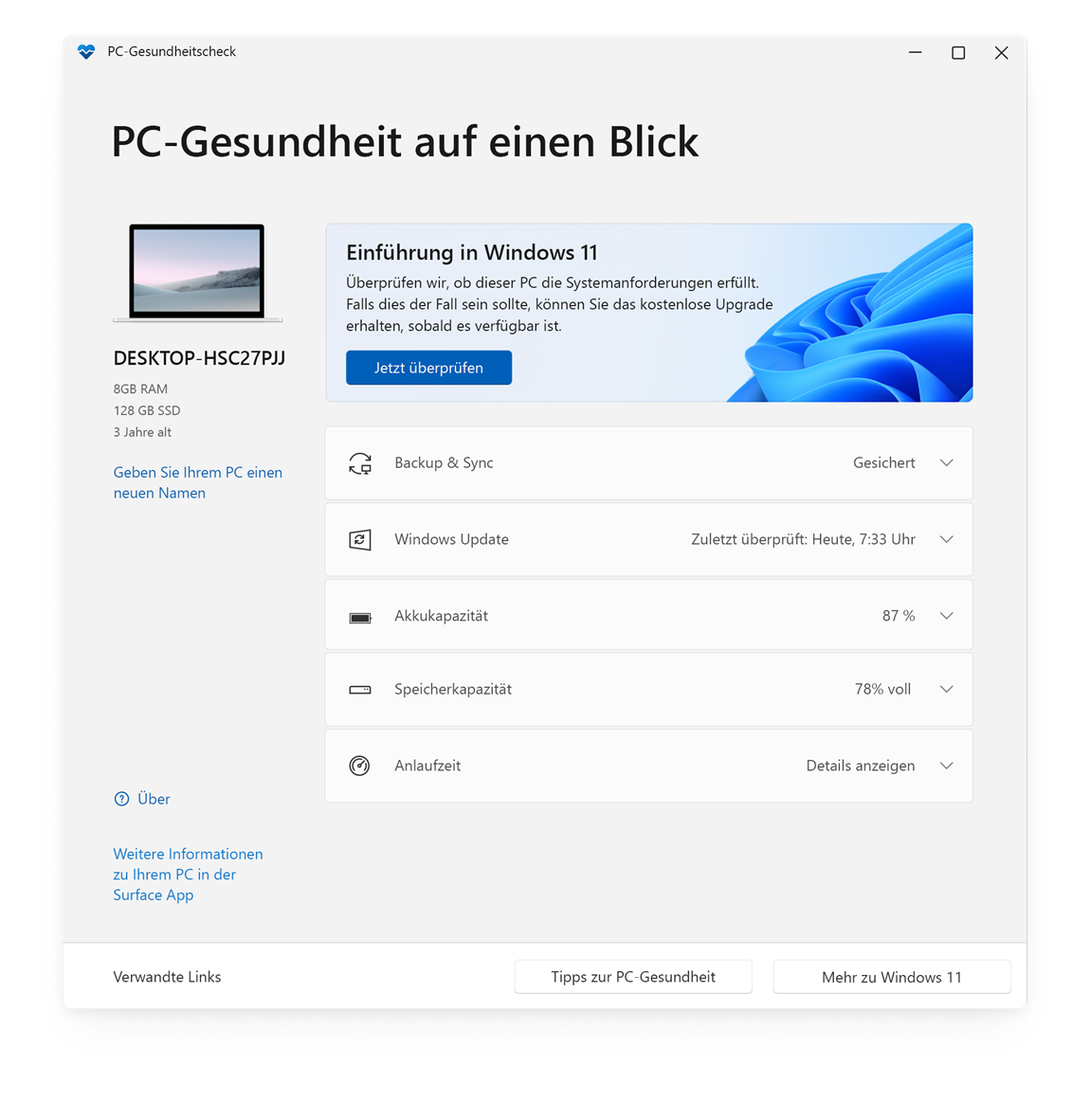 Startbildschirm der App PC-Integrittsprfung