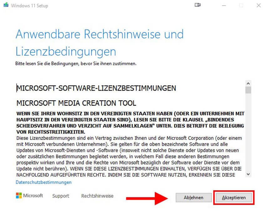 Lizenzbedingungen fr das Windows-11-Release akzeptieren 