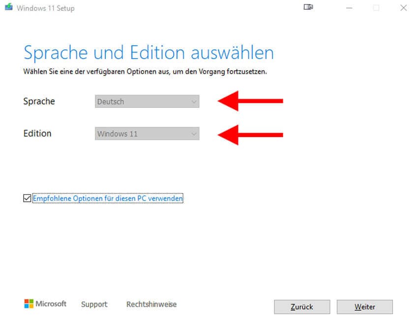 Sprache und die Version fr das Windows-11 whlen 