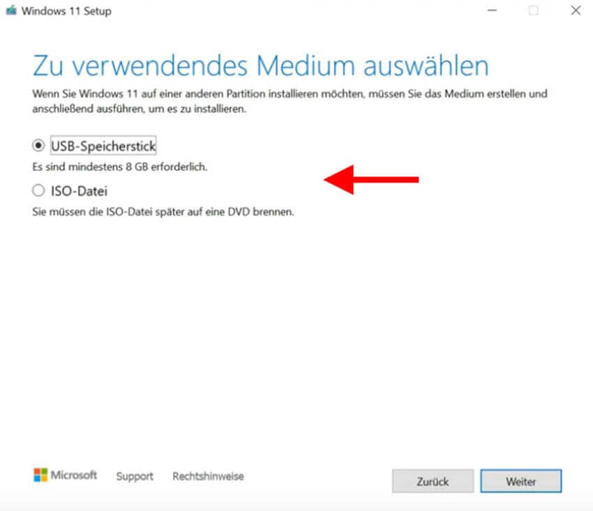 das gewnschte Installationsmedium whlen 